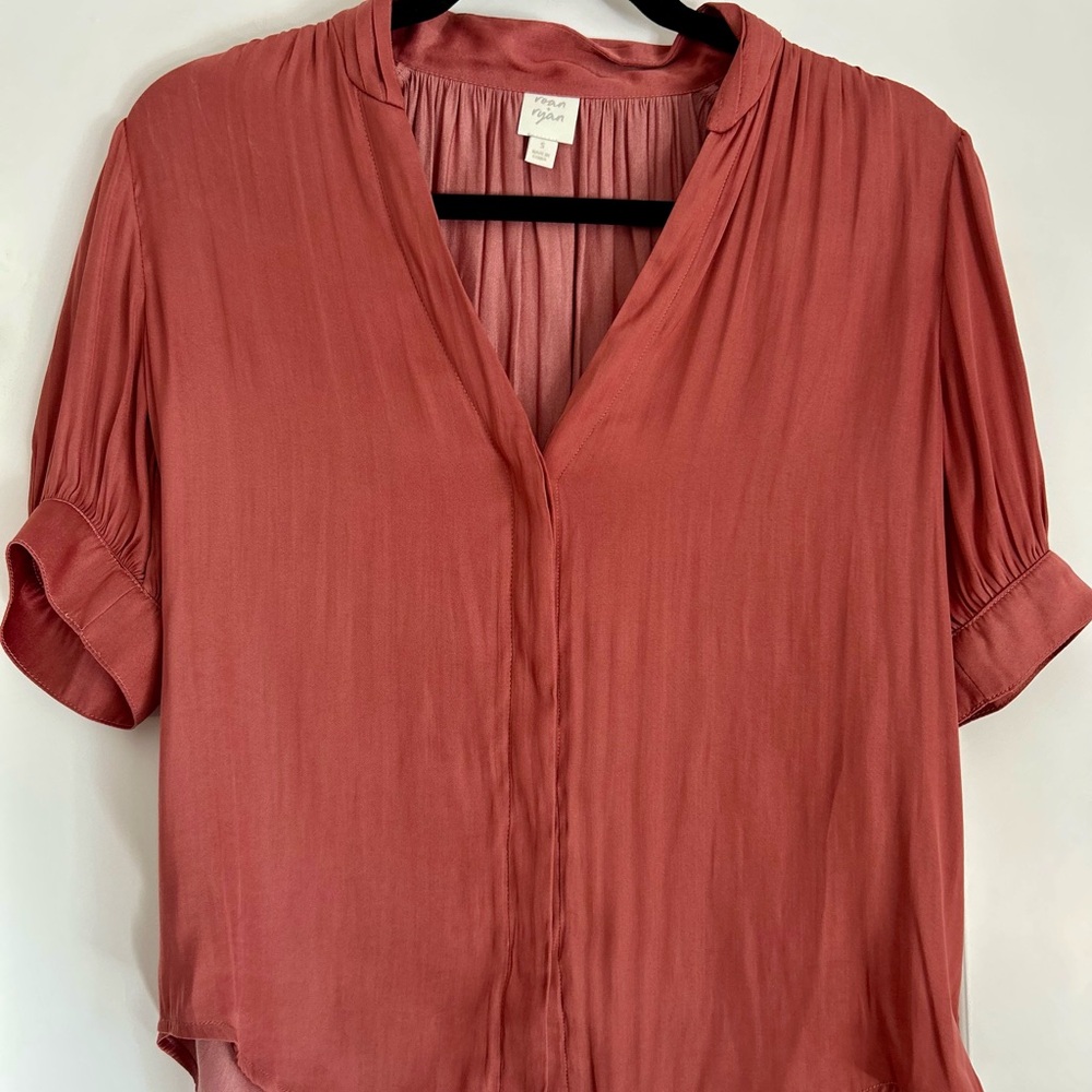 Roan + Ryan Rust Colored Pleated Blouse with Mandarin Collar